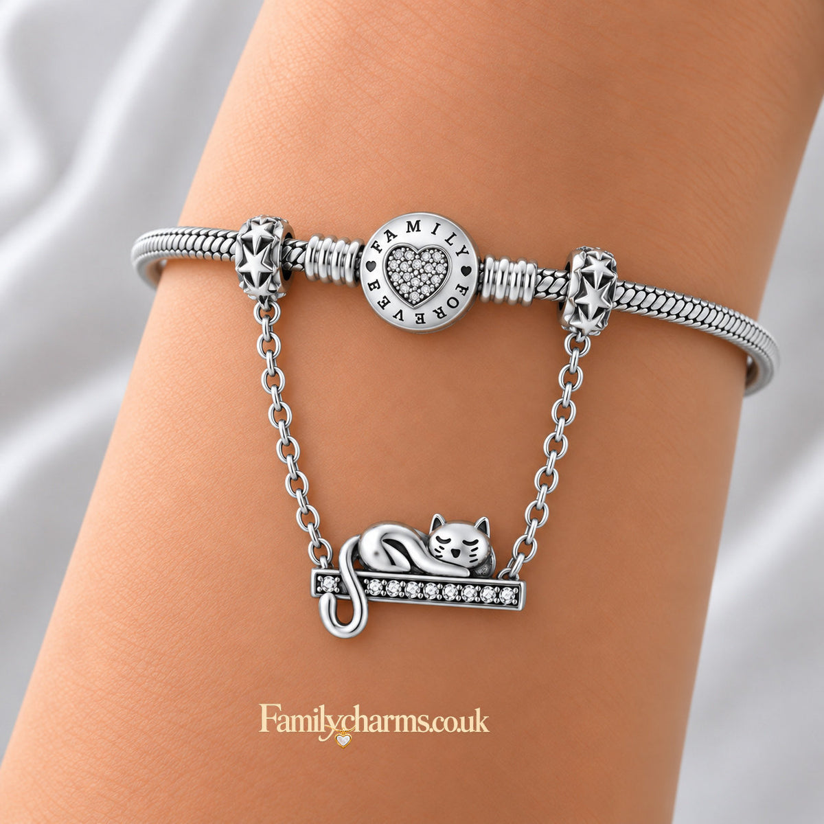 Sleeping Cat Safety Chain Sterling Silver Charm Hallmarked S925 for Charm Bracelet and Necklace