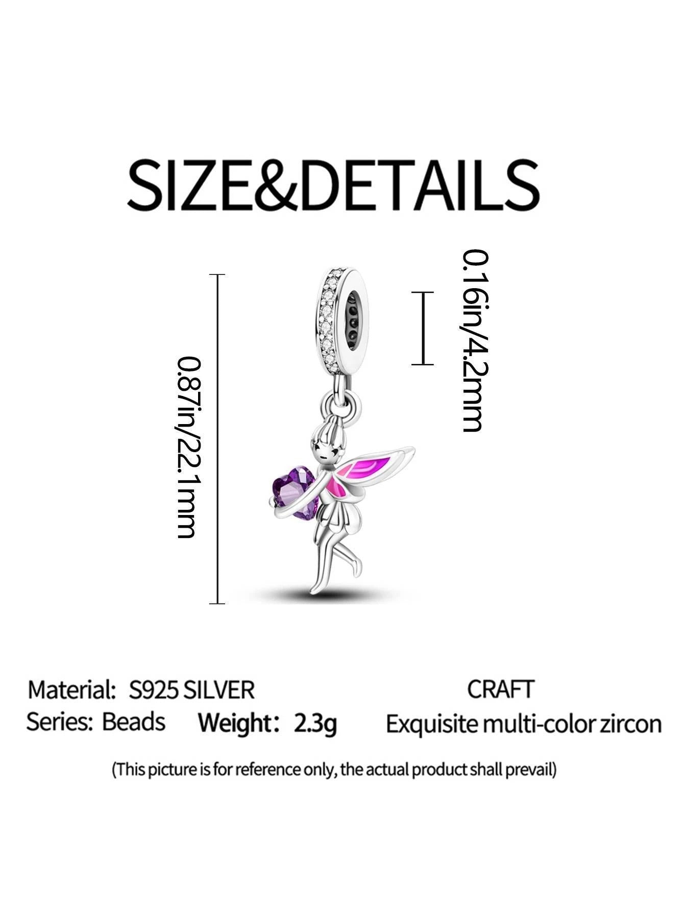 Angel Fairy with Purple Heart Charm for Bracelet, S925 Sterling Silver