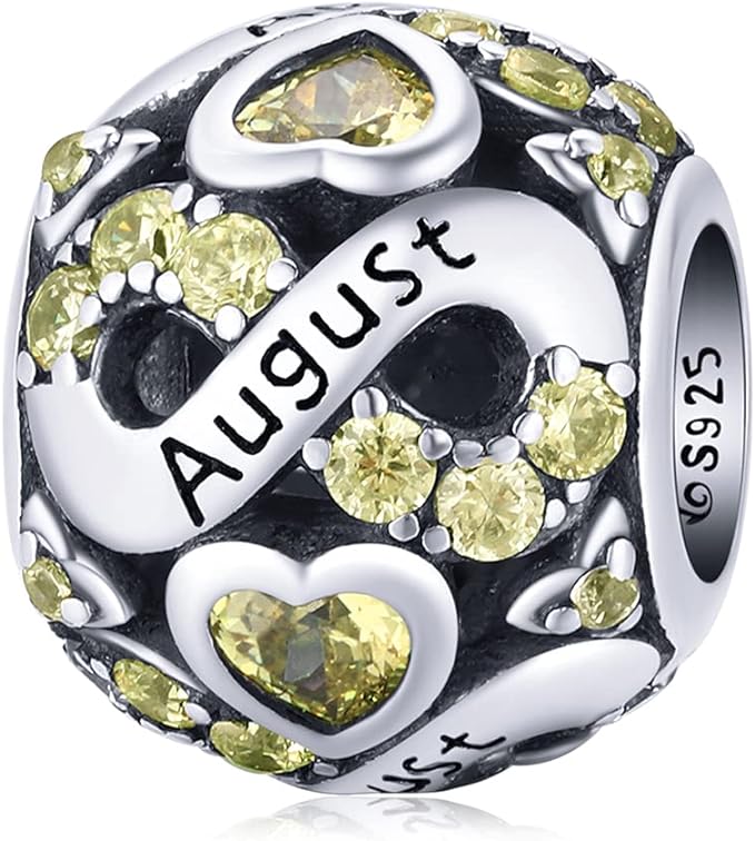 August Birthstone Infinity Birthday Bead Charm for Bracelet, S925 Sterling Silver