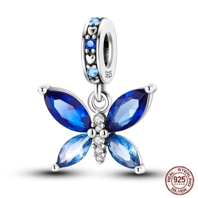Blue Butterfly Charm for Bracelet, S925 Sterling Silver