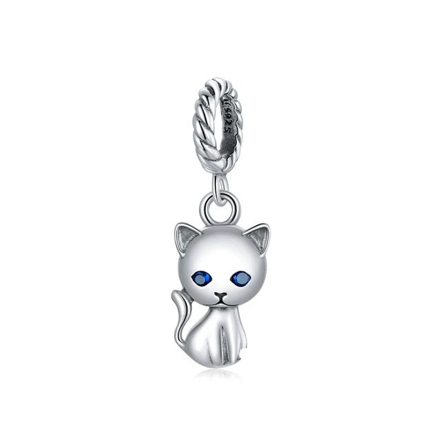 Blue Eyed Kitten Pendant Charm for Bracelet, S925 Sterling Silver
