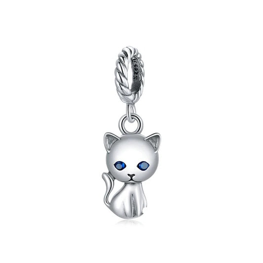 Blue Eyed Kitten Pendant Charm for Bracelet, S925 Sterling Silver