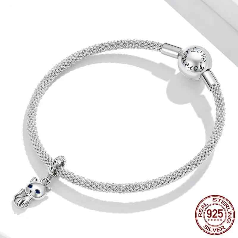 Blue Eyed Kitten Pendant Charm for Bracelet, S925 Sterling Silver