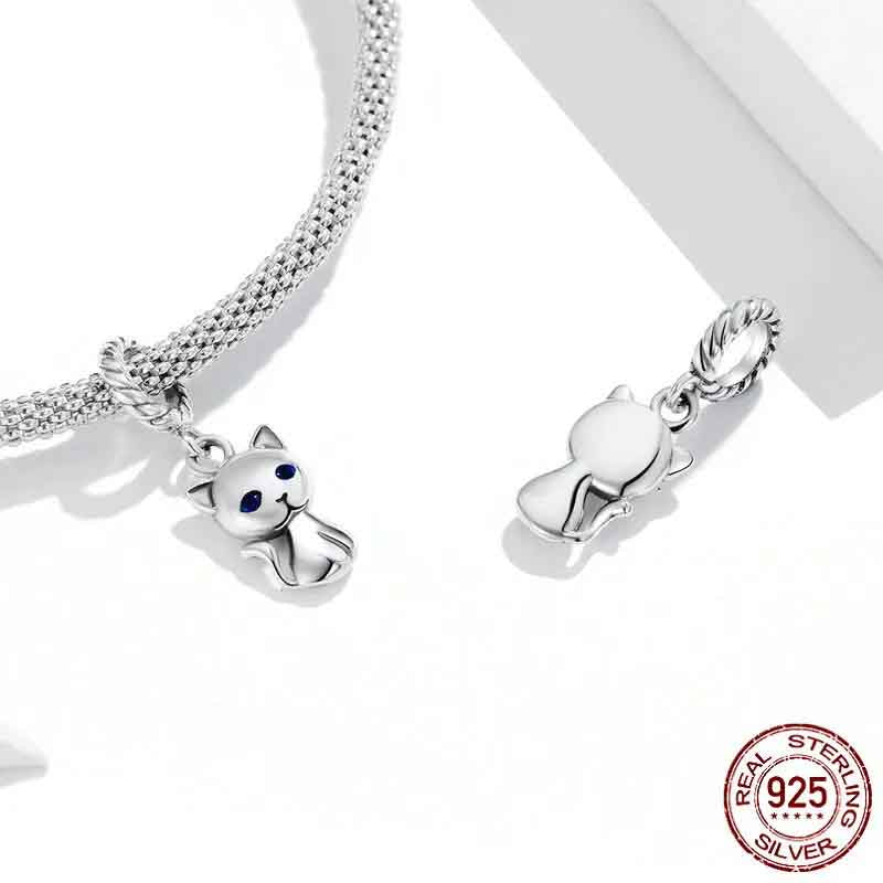 Blue Eyed Kitten Pendant Charm for Bracelet, S925 Sterling Silver