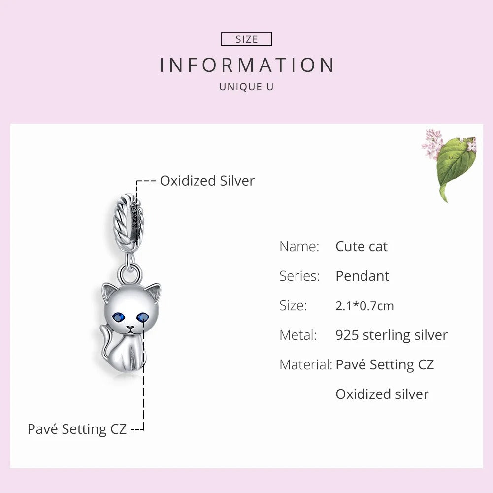 Blue Eyed Kitten Pendant Charm for Bracelet, S925 Sterling Silver
