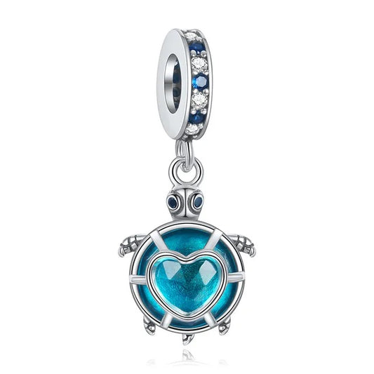 Blue Sea Turtle Pendant Charm for Bracelet, S925 Sterling Silver