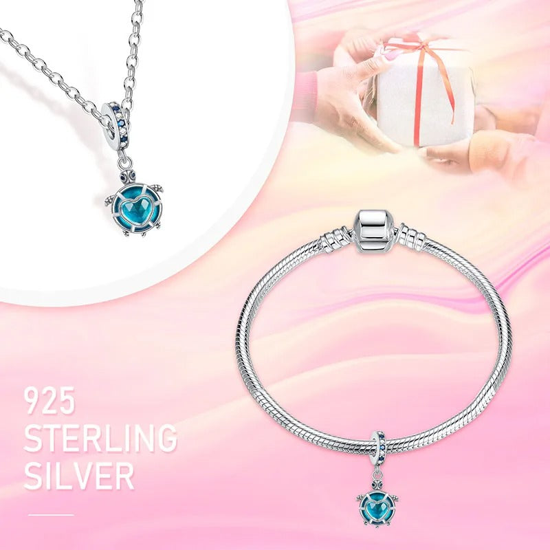 Blue Sea Turtle Pendant Charm for Bracelet, S925 Sterling Silver