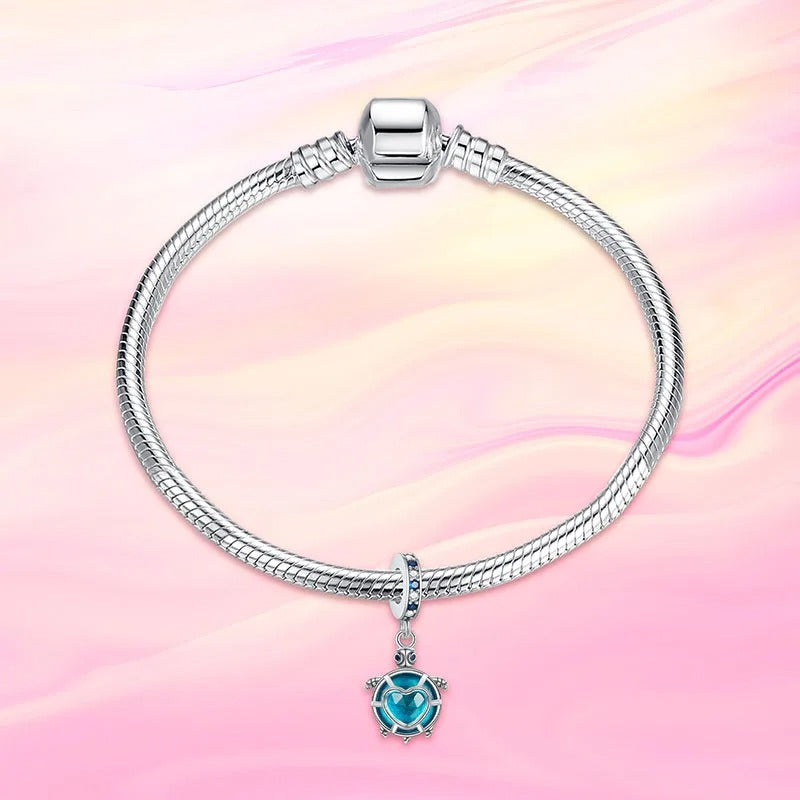 Blue Sea Turtle Pendant Charm for Bracelet, S925 Sterling Silver