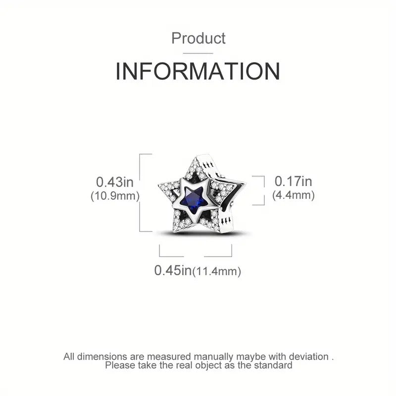 Blue Star Bead Sterling Silver Charm Hallmarked S925 for Charm Bracelet and Necklace