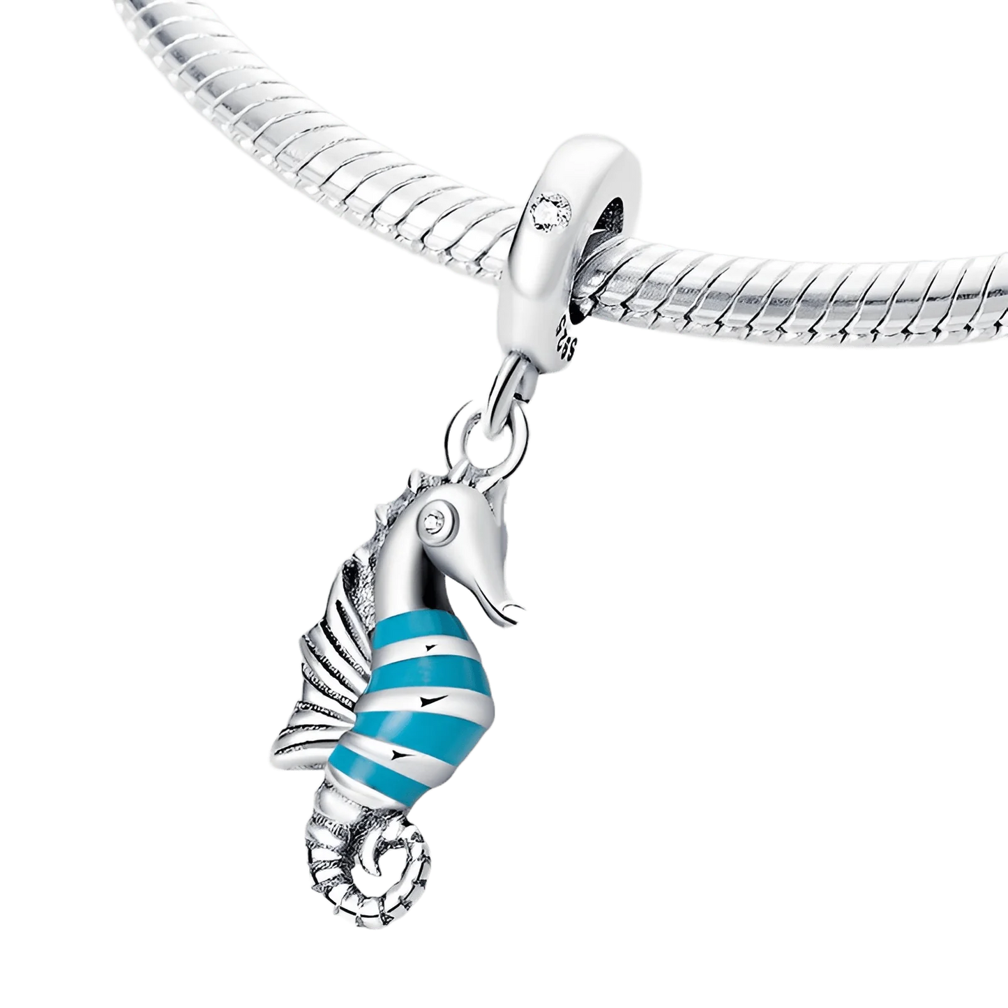 Blue Striped Seahorse Dangle Sterling Silver Charm Hallmarked S925 for Charm Bracelet and Necklace