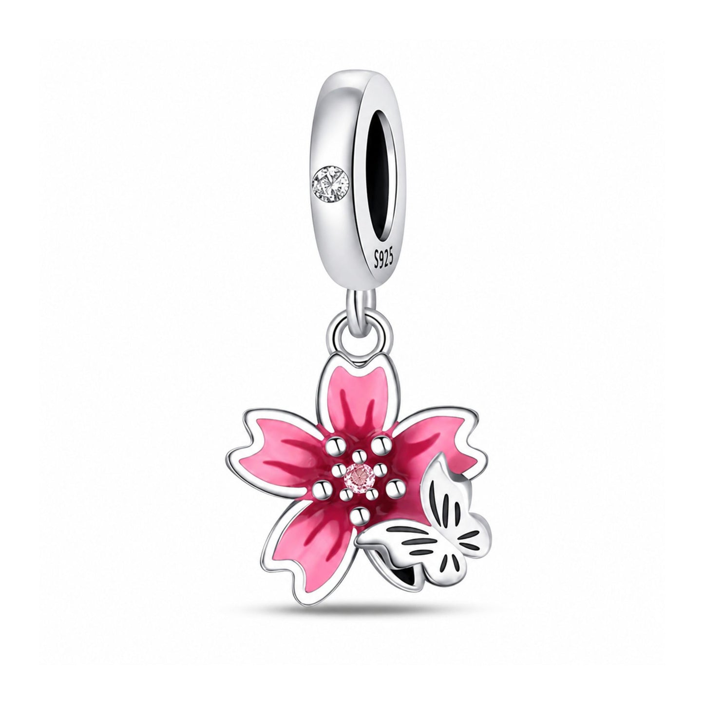 Cherry Blossom and Butterfly Pendant Charm for Bracelet, S925 Sterling Silver
