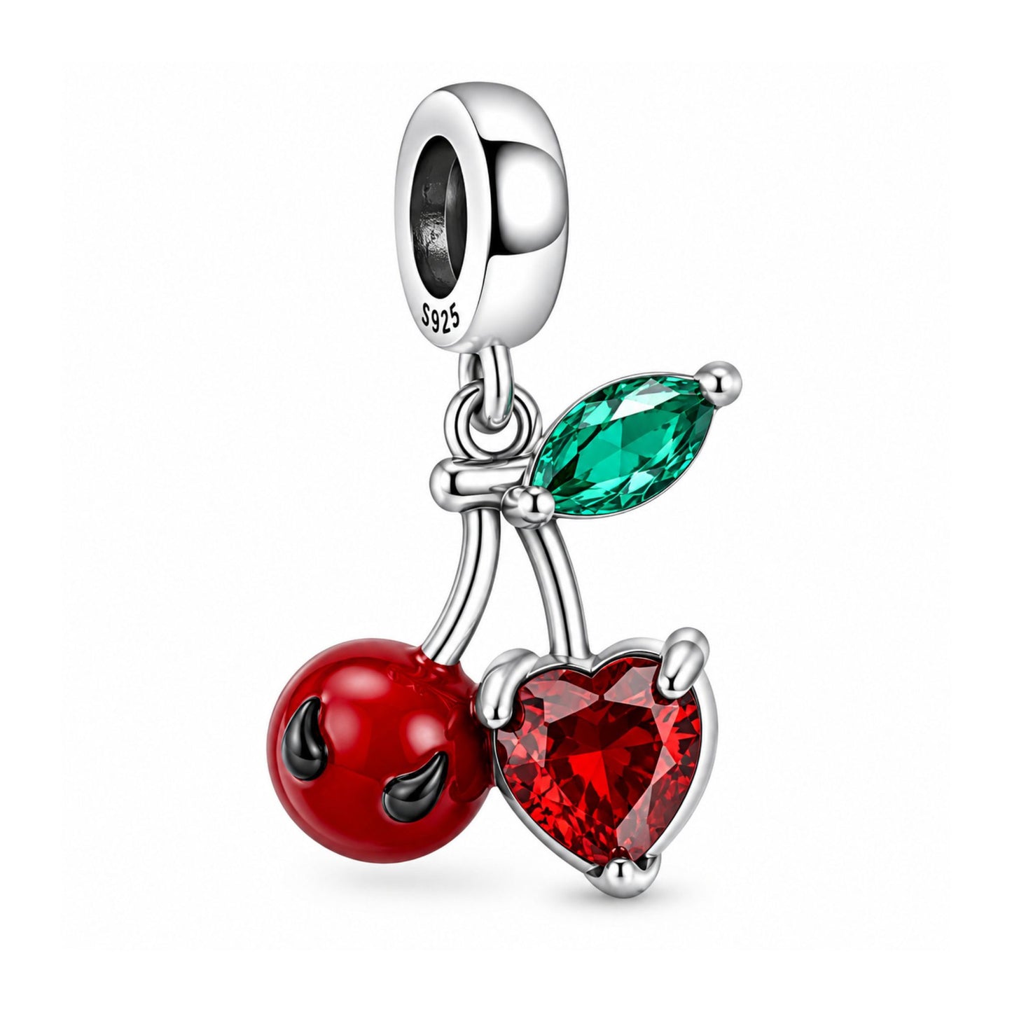 Cherry Embraces Heart Gem Dangle Charm for Bracelet, S925 Sterling Silver