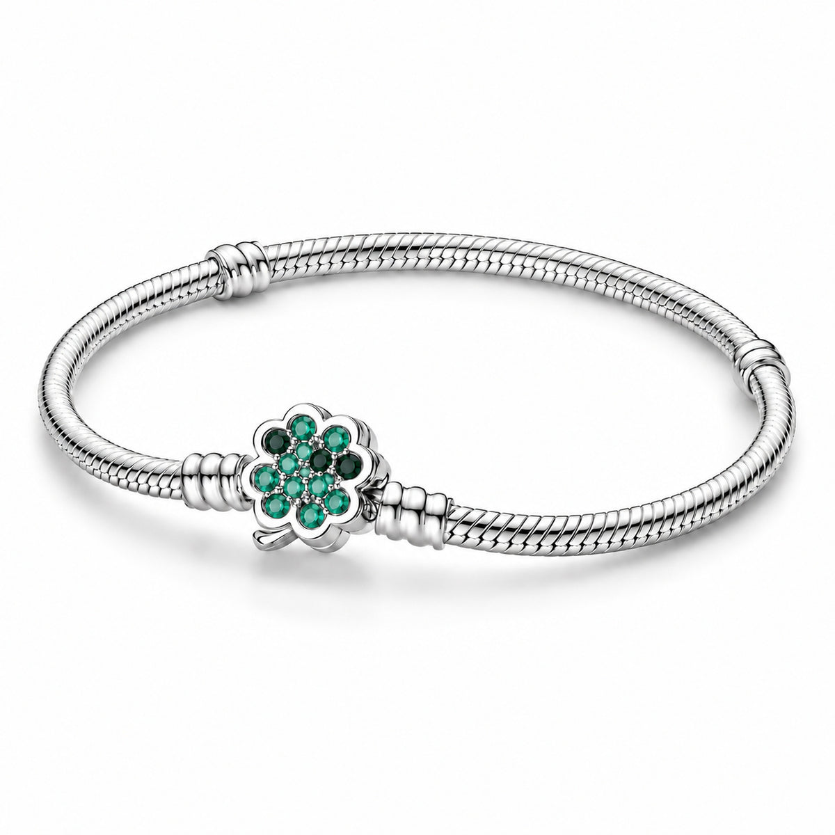 S925 Sterling Silver Clover Snake Chain Charm Bracelet