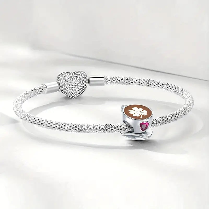 Coffee Cup & Pink Heart Bead Sterling Silver Charm Hallmarked S925 for Charm Bracelet and Necklace