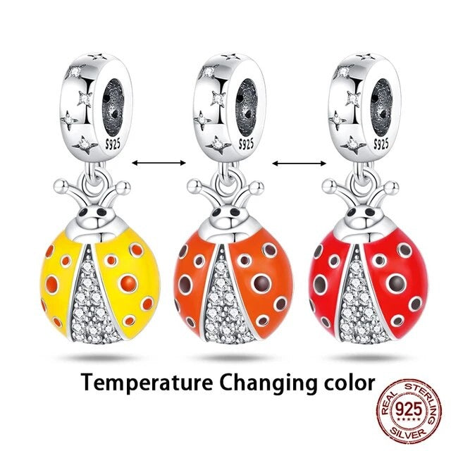 Colour Changing Ladybug Dangle Charm for Bracelet, S925 Sterling Silver