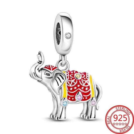 Colourful Elephant Dangle Charm for Bracelet, S925 Sterling Silver