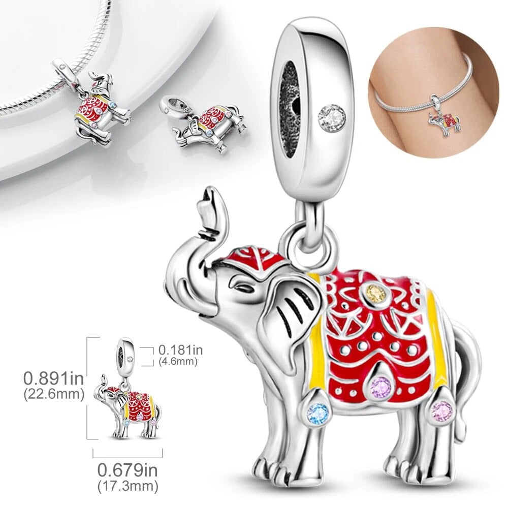 Colourful Elephant Dangle Charm for Bracelet, S925 Sterling Silver