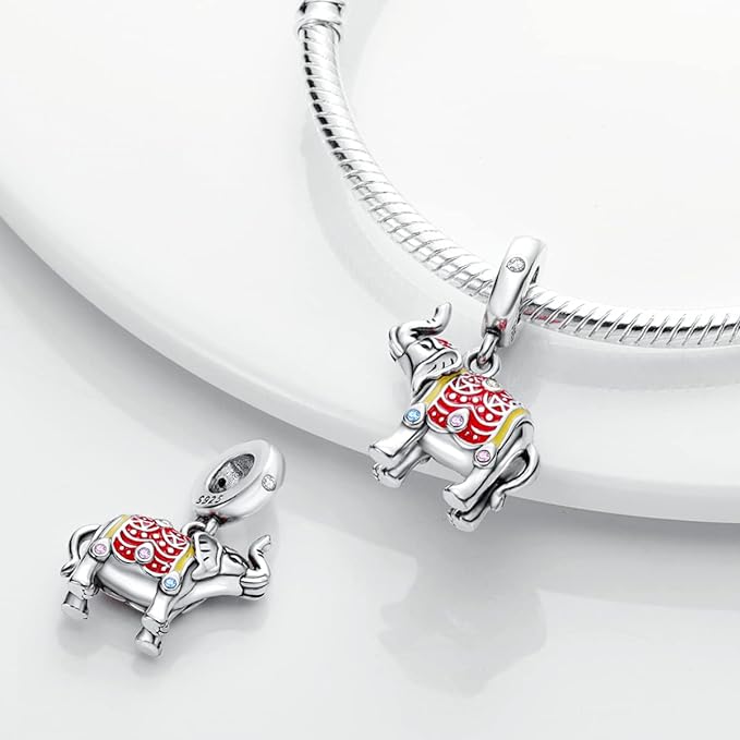 Colourful Elephant Dangle Charm for Bracelet, S925 Sterling Silver