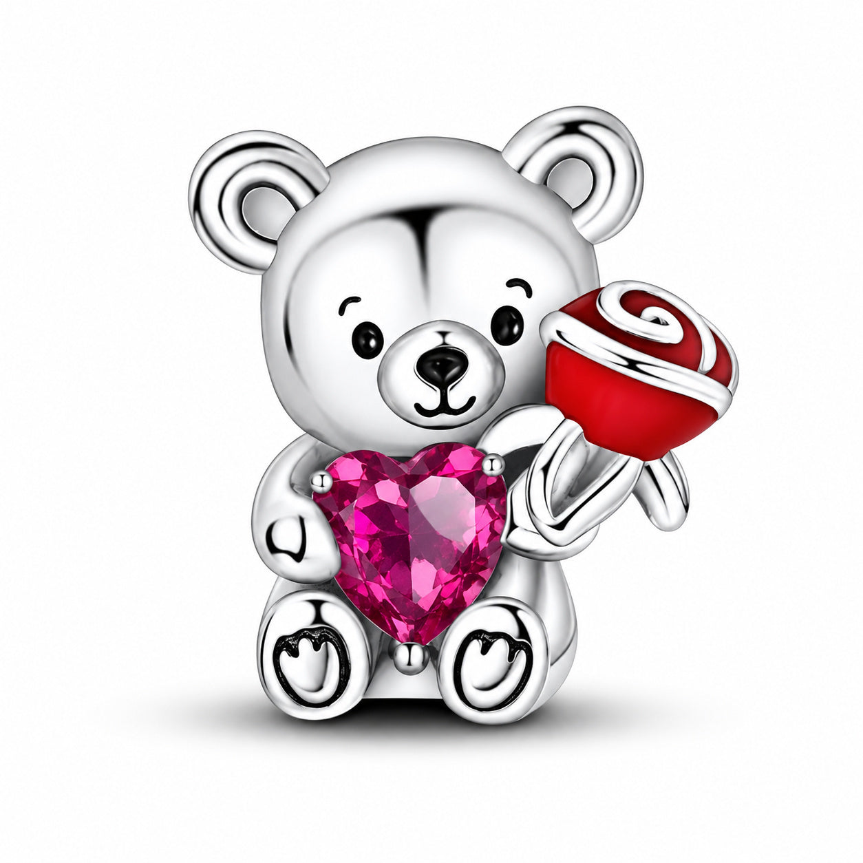 Cute Bear Love Heart With Rose Charm Hallmarked S925 for Charm Bracelet and Necklace