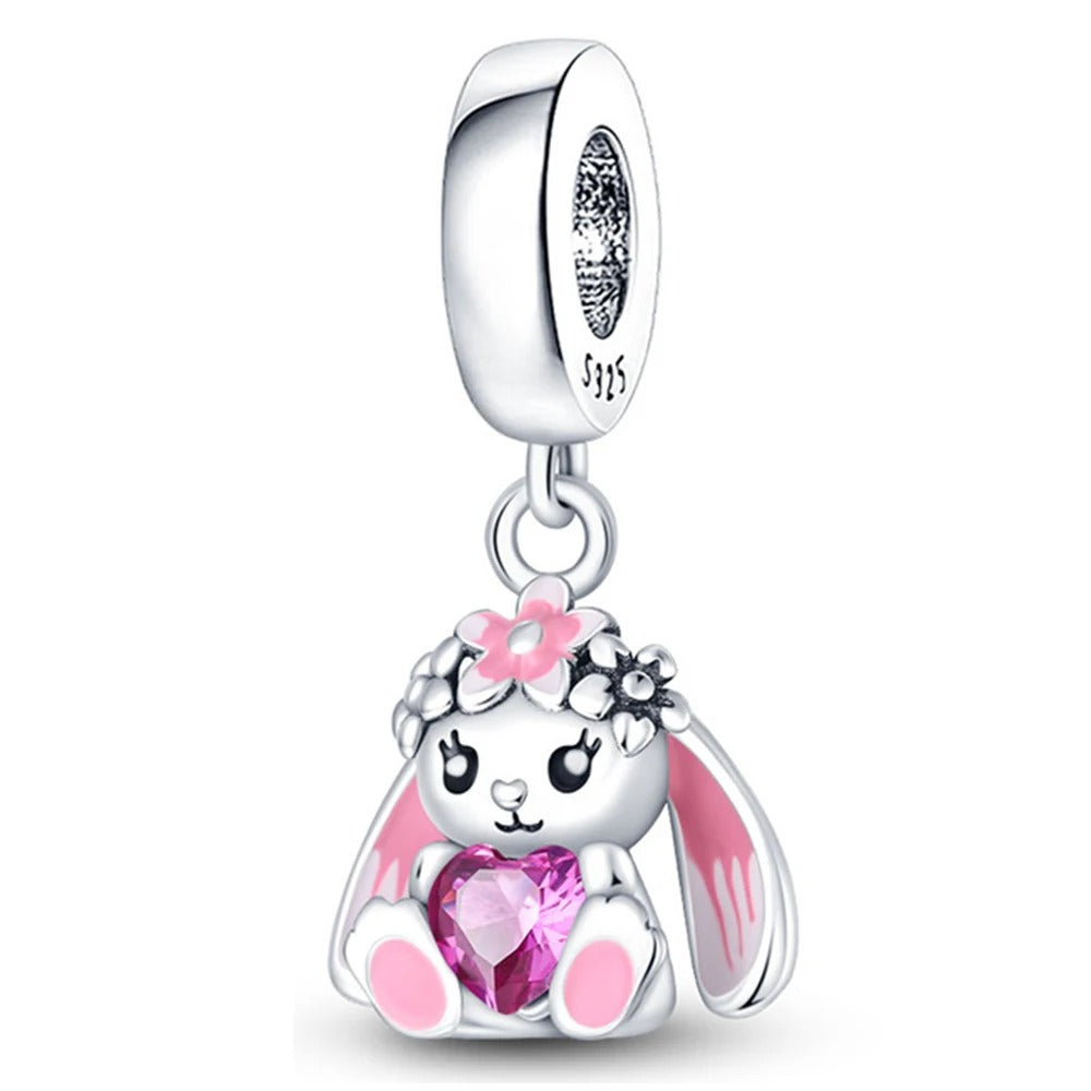 Cute Bunny Holding Heart Pendant Charm for Bracelet, S925 Sterling Silver