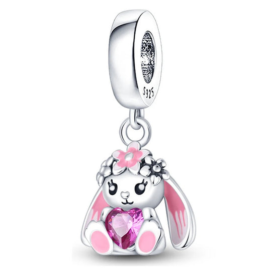 Cute Bunny Holding Heart Pendant Charm for Bracelet, S925 Sterling Silver