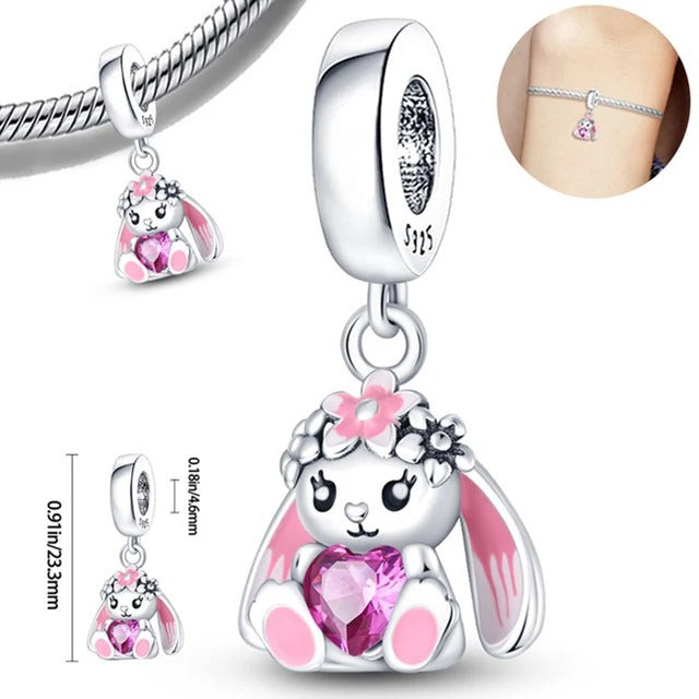 Cute Bunny Holding Heart Pendant Charm for Bracelet, S925 Sterling Silver
