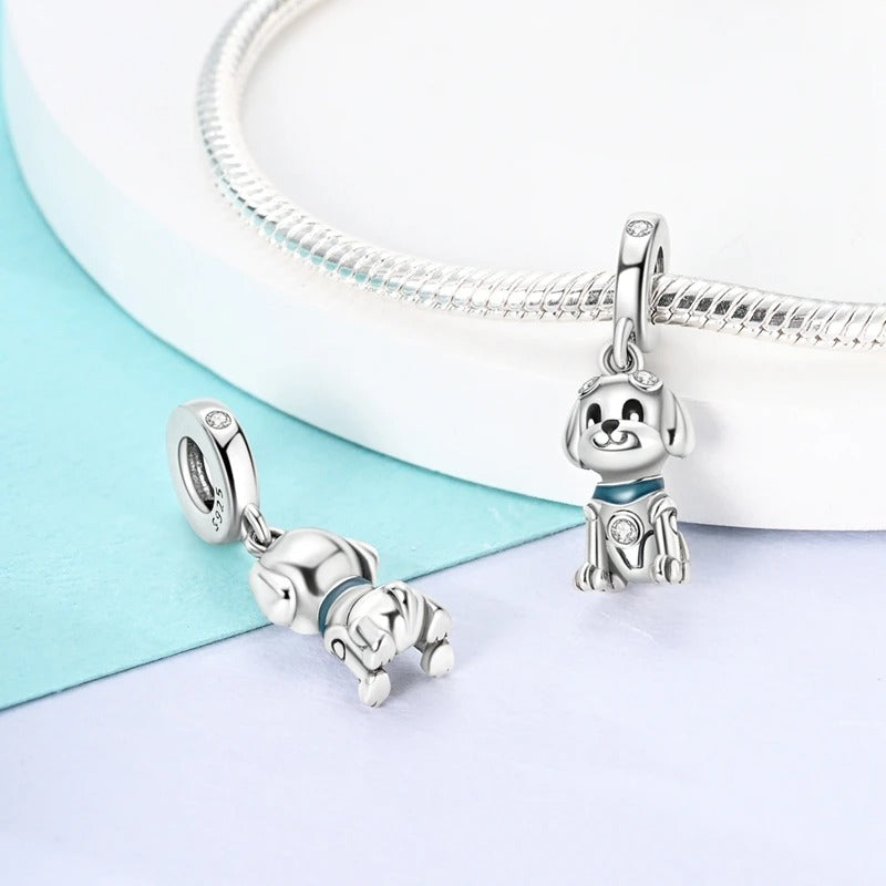 Cute Dog Dangle Charm for Bracelet, S925 Sterling Silver