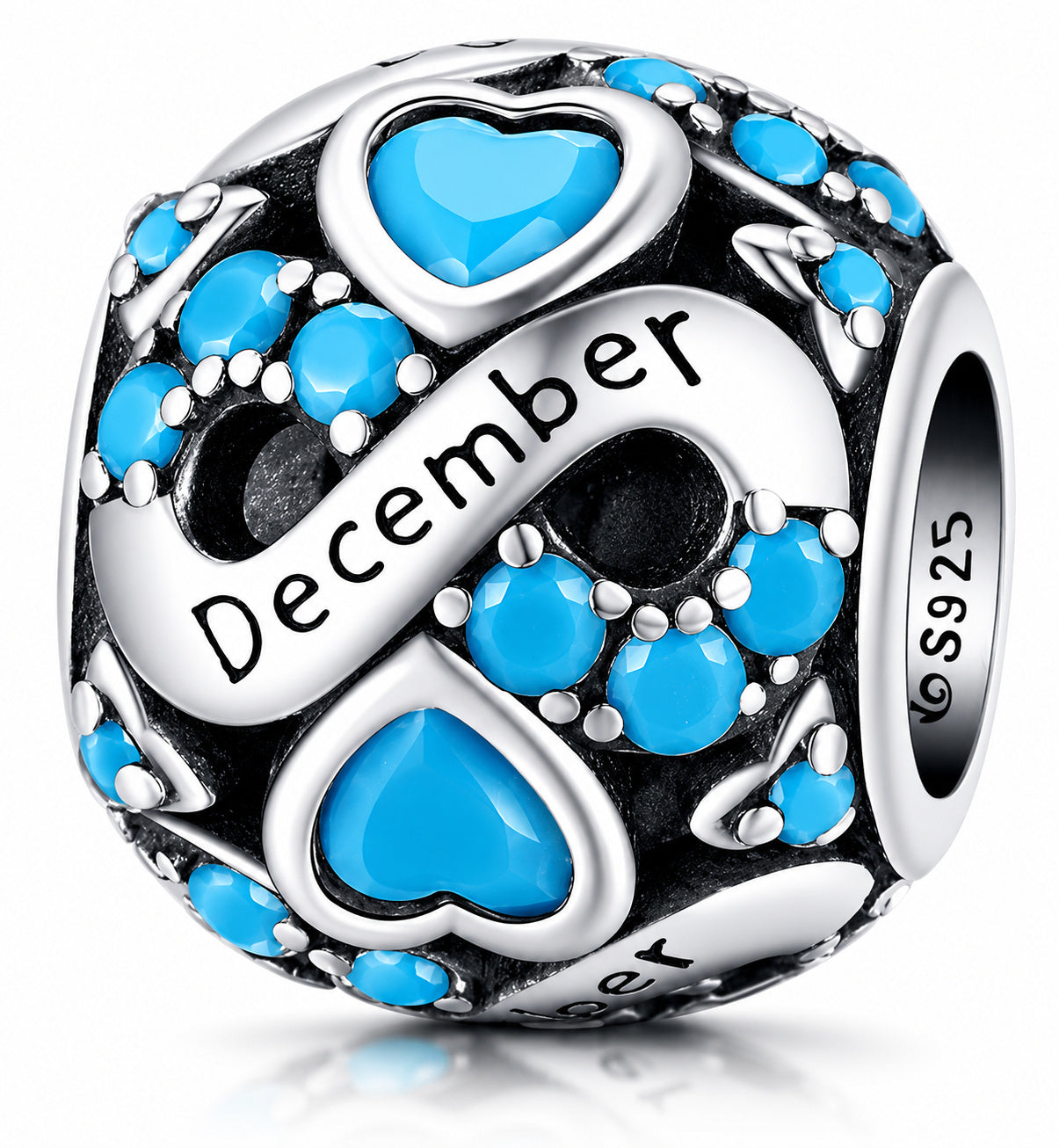 December Birthstone Infinity Birthday Bead Sterling Silver Charm Hallmarked S925 for Charm Bracelet and Necklace