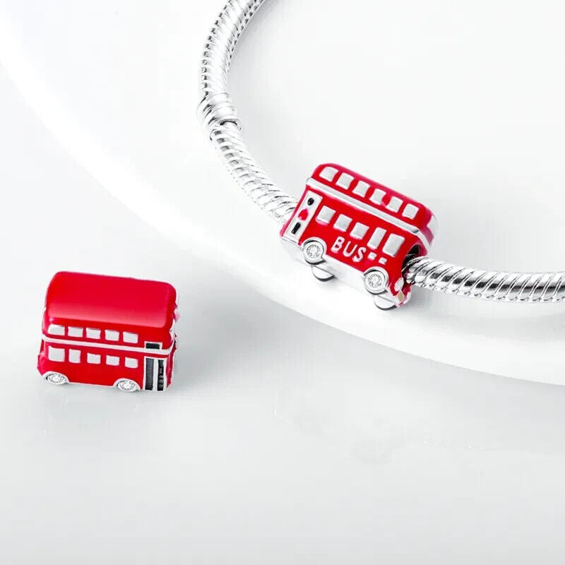 Double Decker London Bus Charm for Bracelet, S925 Sterling Silver