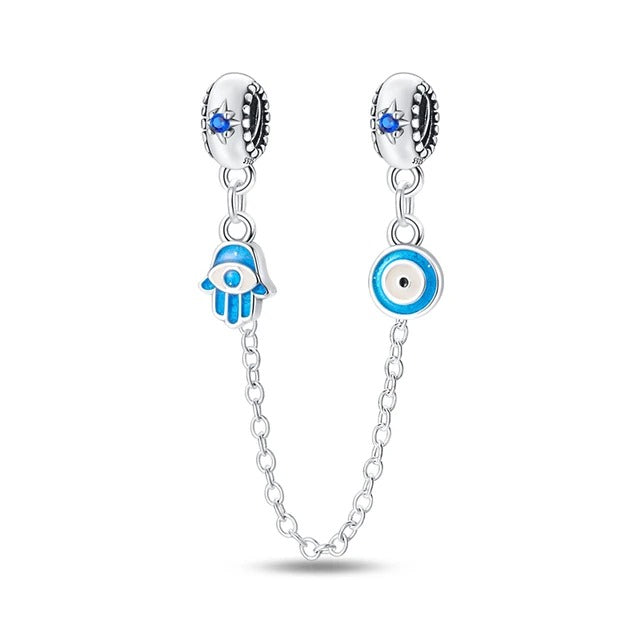 Evil Eye Protective Hamsa Hand Safety Chain Charm for Bracelet, S925 Sterling Silver