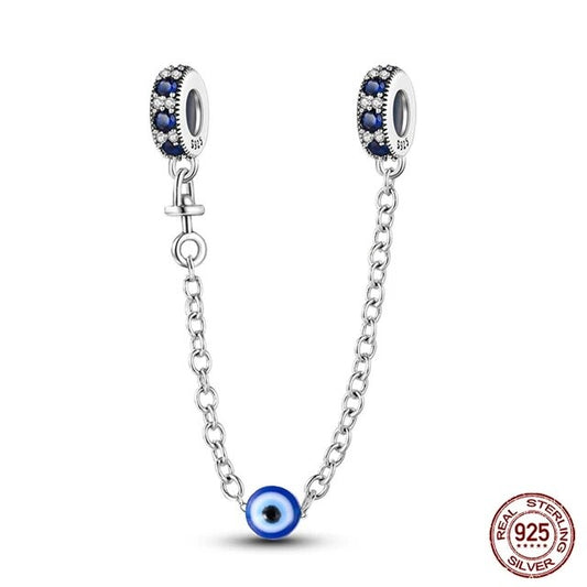 Evil Eye Safety Chain Charm for Bracelet, S925 Sterling Silver