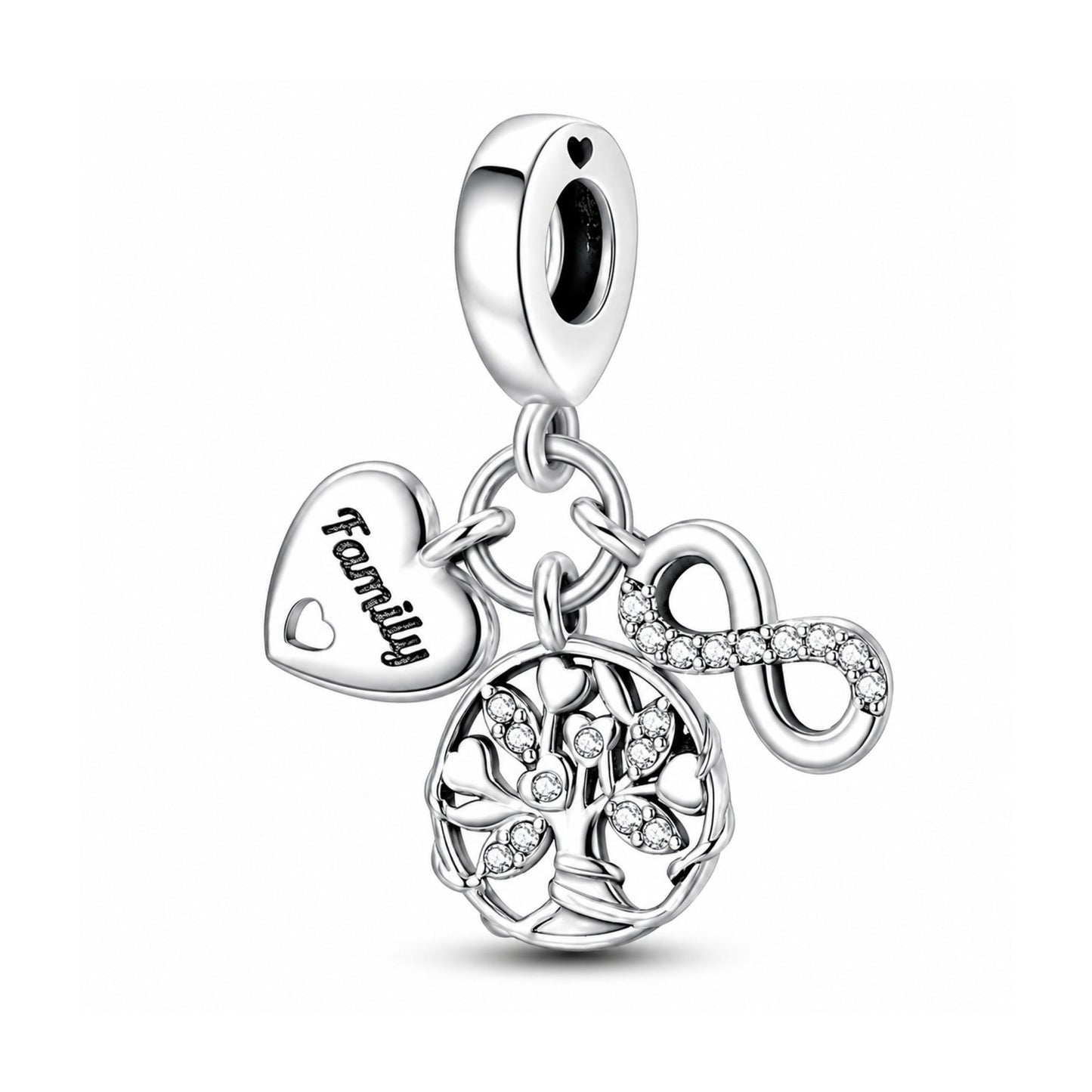 Family Tree, Heart & Infinity Triple Dangle Charm Hallmarked S925 for Charm Bracelet and Necklace