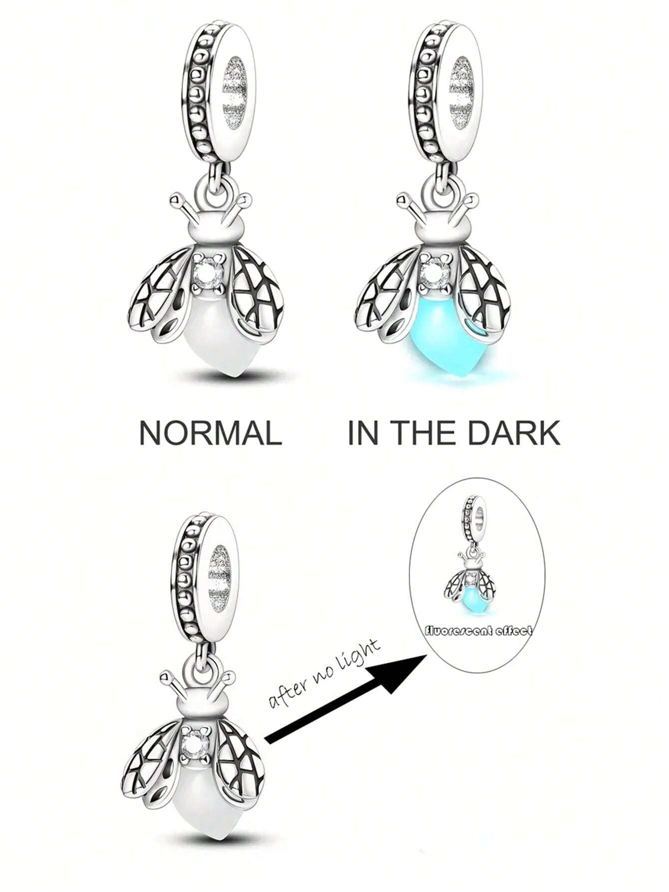 Fluorescent Firefly Pendant Charm for Bracelet, S925 Sterling Silver