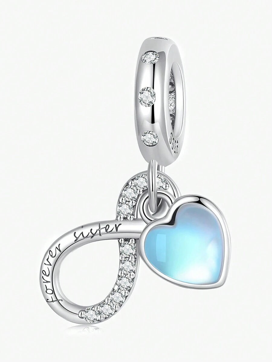 Forever Sister Heart Pendant Charm for Bracelet, S925 Sterling Silver