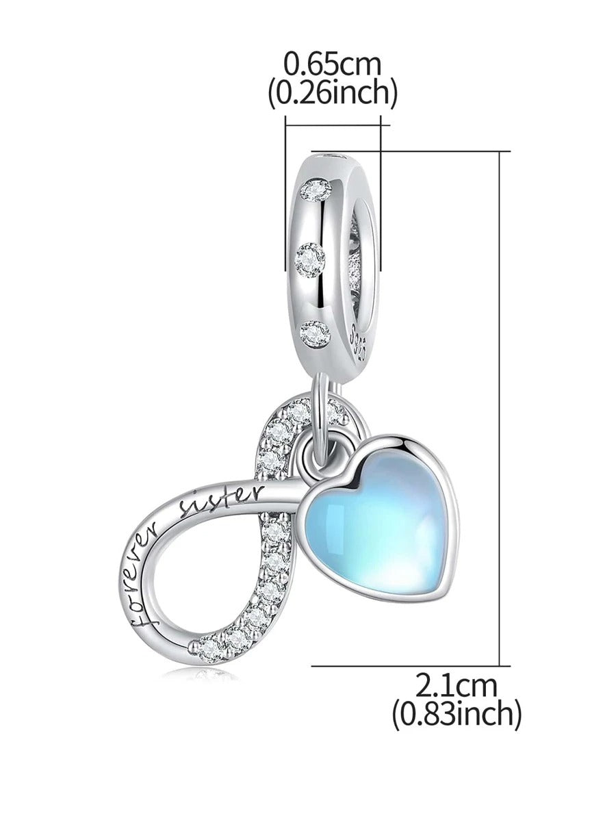 Forever Sister Heart Pendant Charm for Bracelet, S925 Sterling Silver