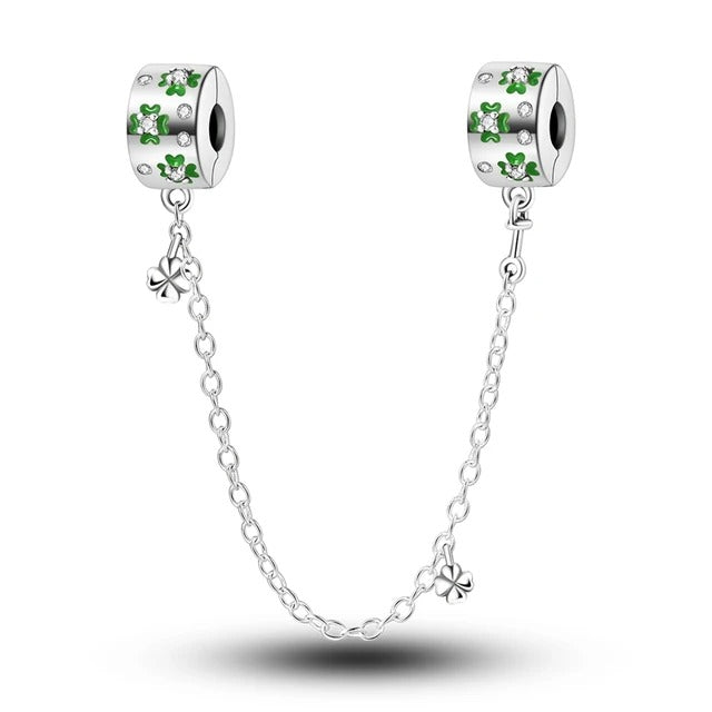 Four Leaf Clover Safety Chain Charm for Bracelet, S925 Sterling Silver