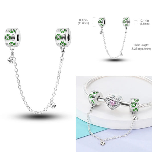 Four Leaf Clover Safety Chain Charm for Bracelet, S925 Sterling Silver