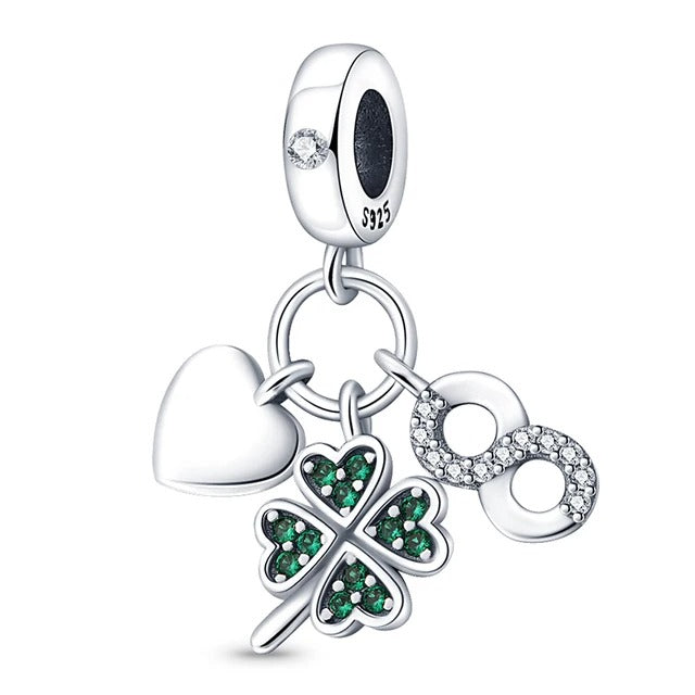 Four Leaf Clover, Infinity, Heart Dangle Charm for Bracelet, S925 Sterling Silver