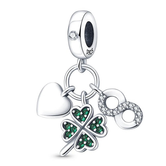 Four Leaf Clover, Infinity, Heart Dangle Charm for Bracelet, S925 Sterling Silver