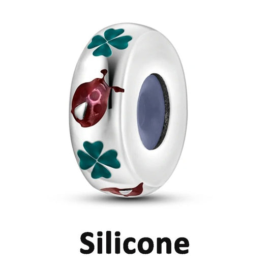 Four Leaf Clover and Ladybug Stopper Charm for Bracelet, S925 Sterling Silver