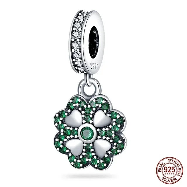Four Leave Clover Lucky Green Dangle Charm for Bracelet, S925 Sterling Silver