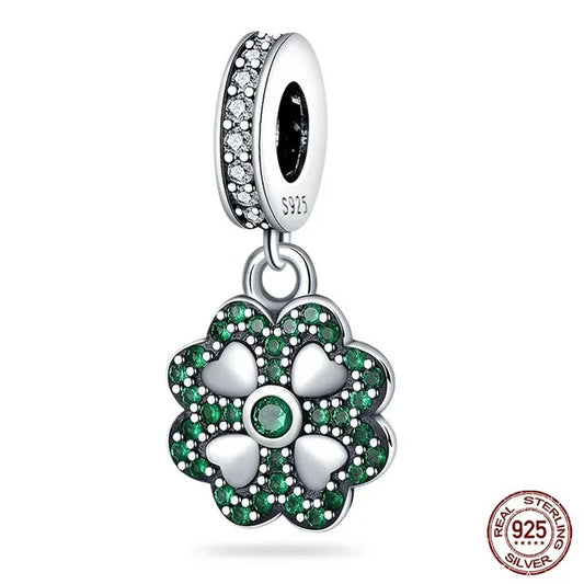 Four Leave Clover Lucky Green Dangle Charm for Bracelet, S925 Sterling Silver