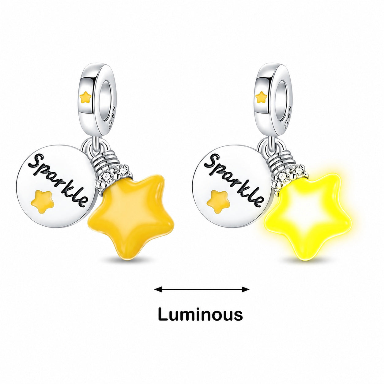 Glow in the Dark Sparkle Star Charm for Bracelet, S925 Sterling Silver