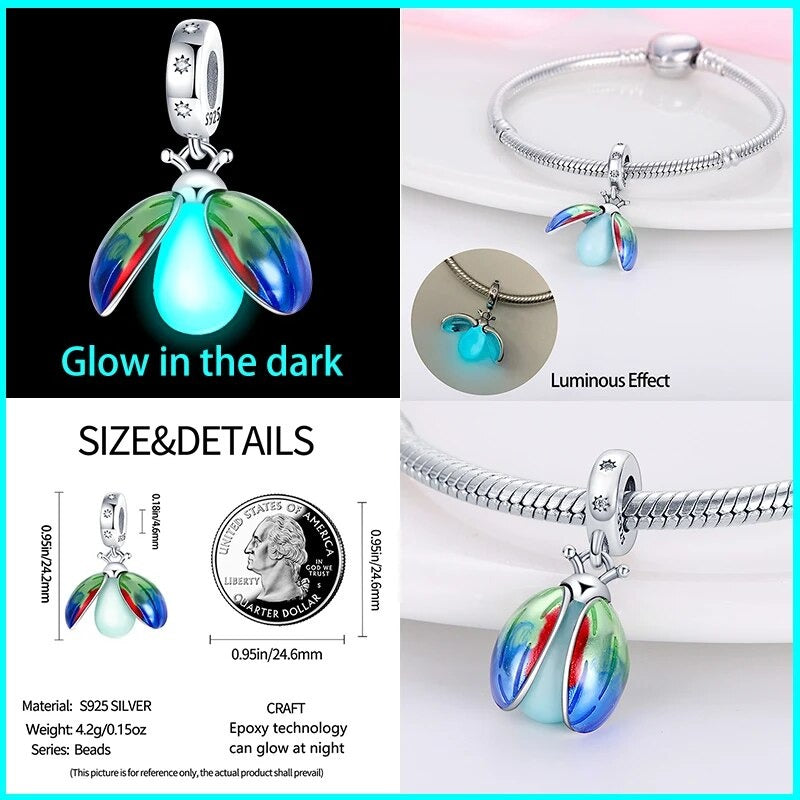 Glow in-the dark Firefly Dangle Charm for Bracelet, S925 Sterling Silver