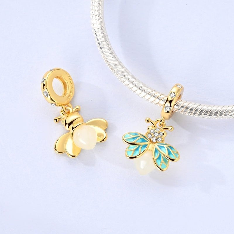 Glow in the Dark Luminous Gold Firefly Dangle Sterling Silver Charm Hallmarked S925 for Charm Bracelet and Necklace