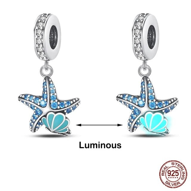 Glow in the Dark Starfish Charm for Bracelet, S925 Sterling Silver