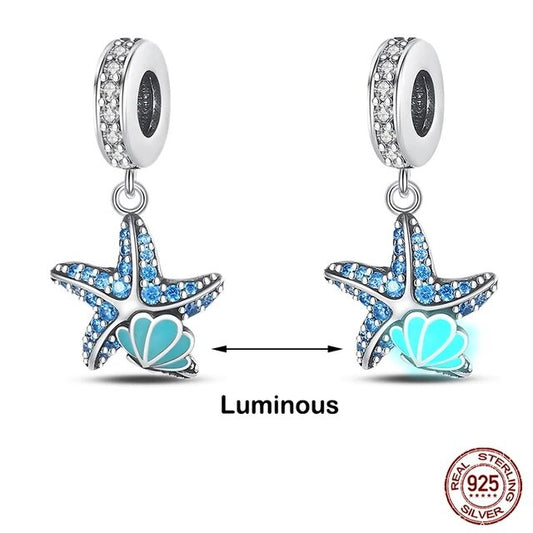 Glow in the Dark Starfish Charm for Bracelet, S925 Sterling Silver