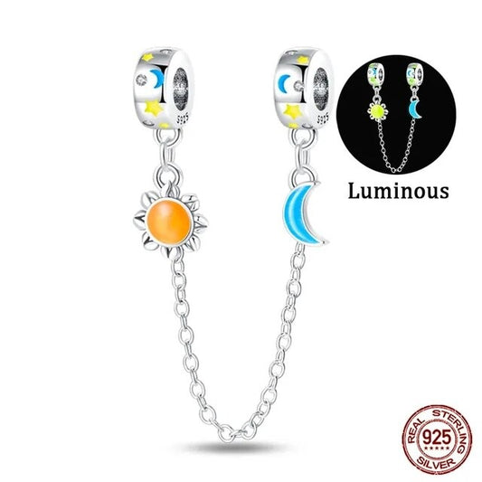 Glow in the Dark Sun and Moon Safety Chain Charm for Bracelet, S925 Sterling Silver
