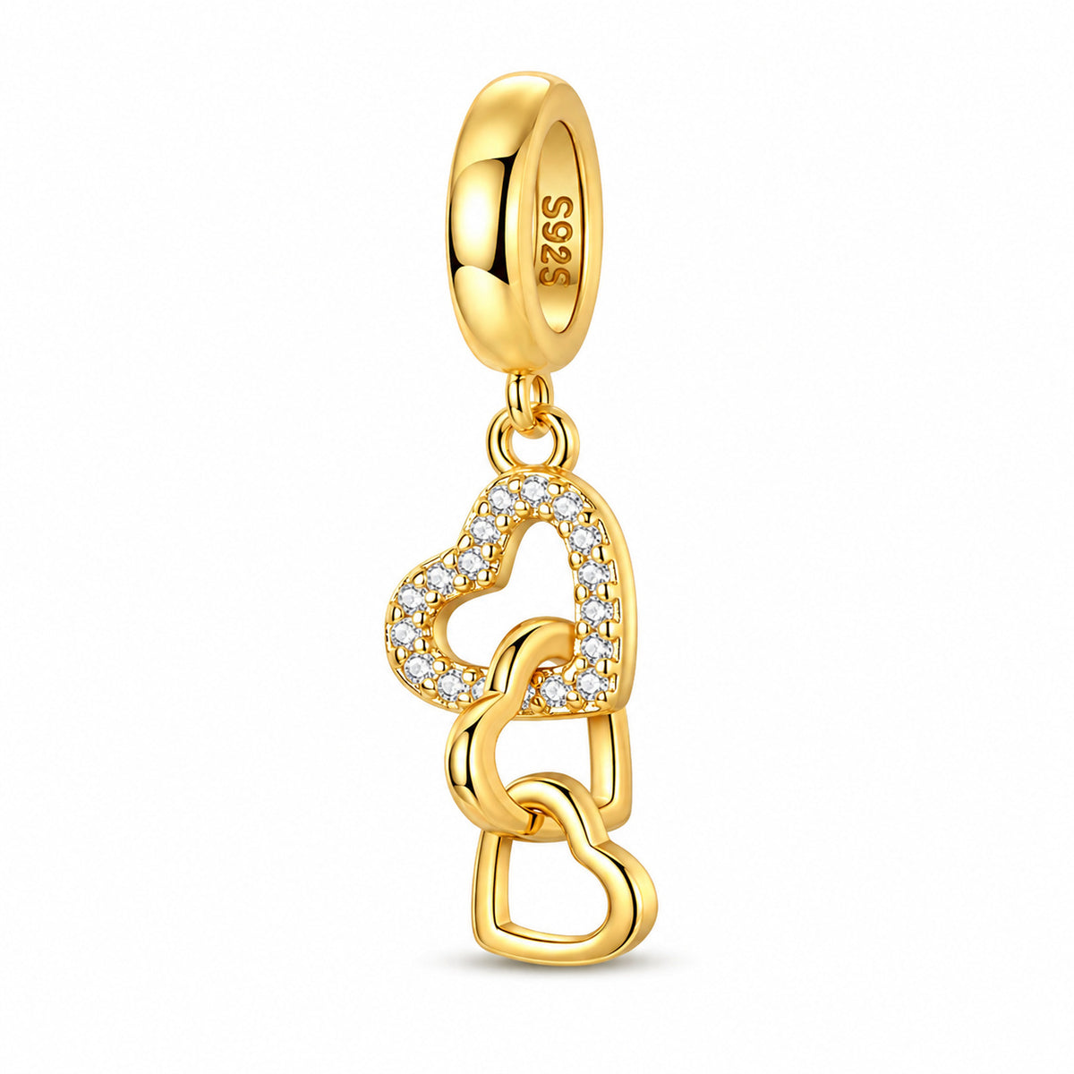 S925 Sterling Silver Gold Triple Linked Hearts Dangle Charm for Bracelets