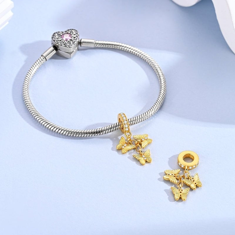 Golden Triple Butterfly Dangle Sterling Silver Charm Hallmarked S925 for Charm Bracelet and Necklace